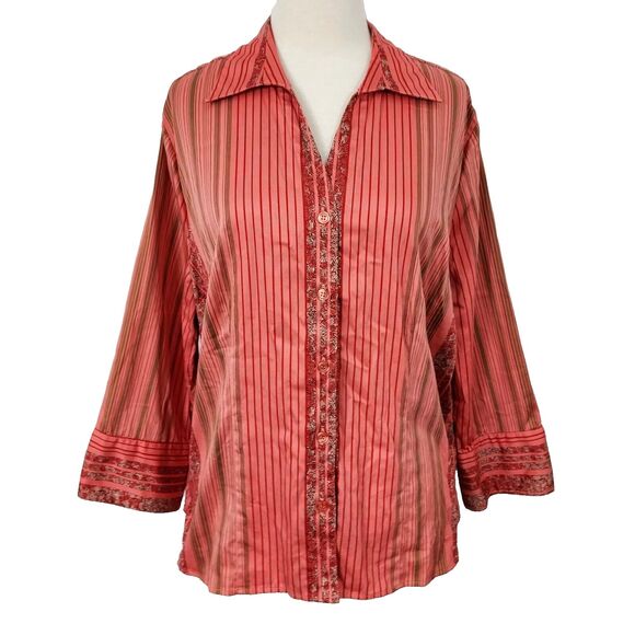 Tops - CJ Banks Shirt Top Womens Plus 1X Button Up Stretch Striped Floral 3/4 Sleeves